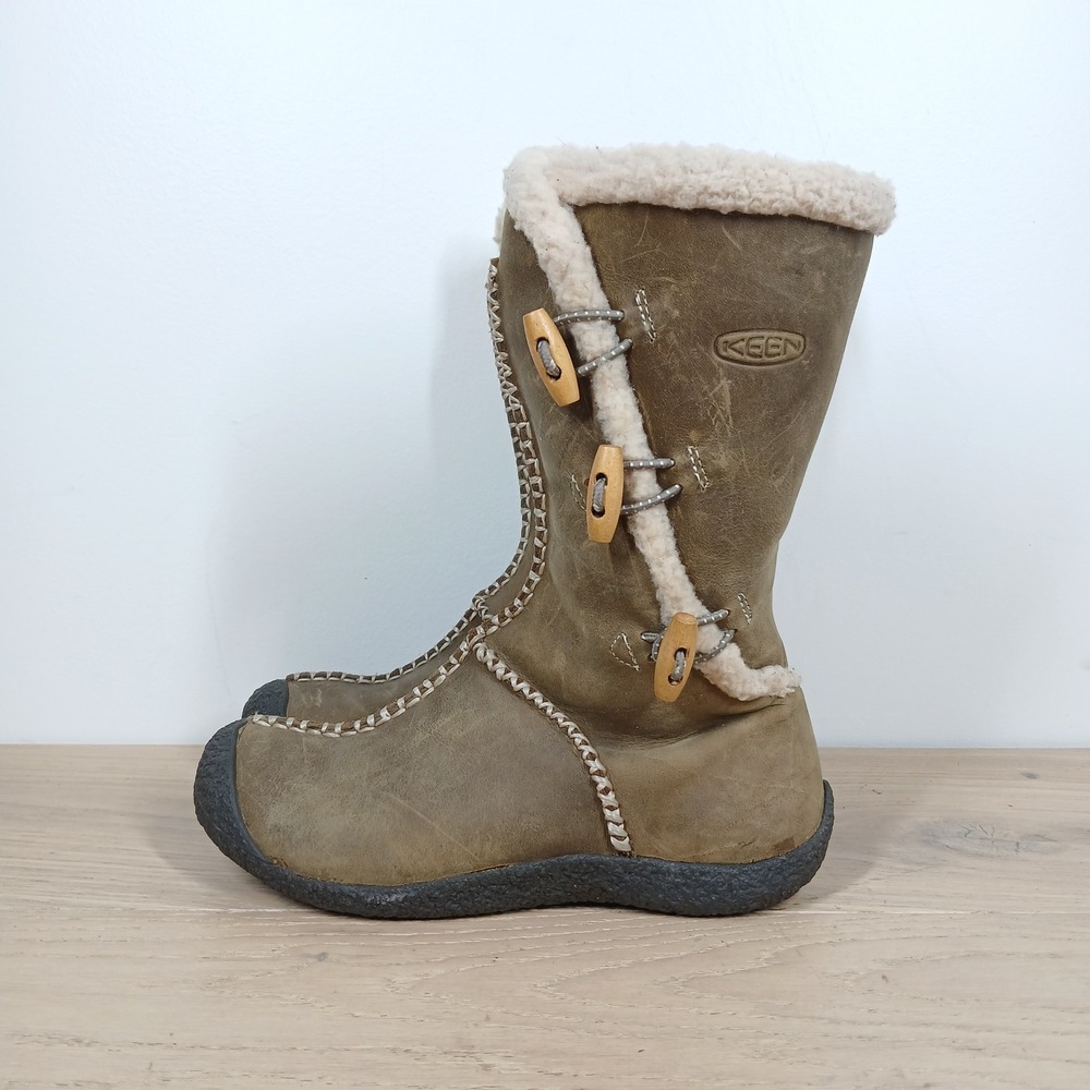 Keen Winter Boots Women 6 Olive Brown Leather Faux Fur Shearling Toggle Zip Tall